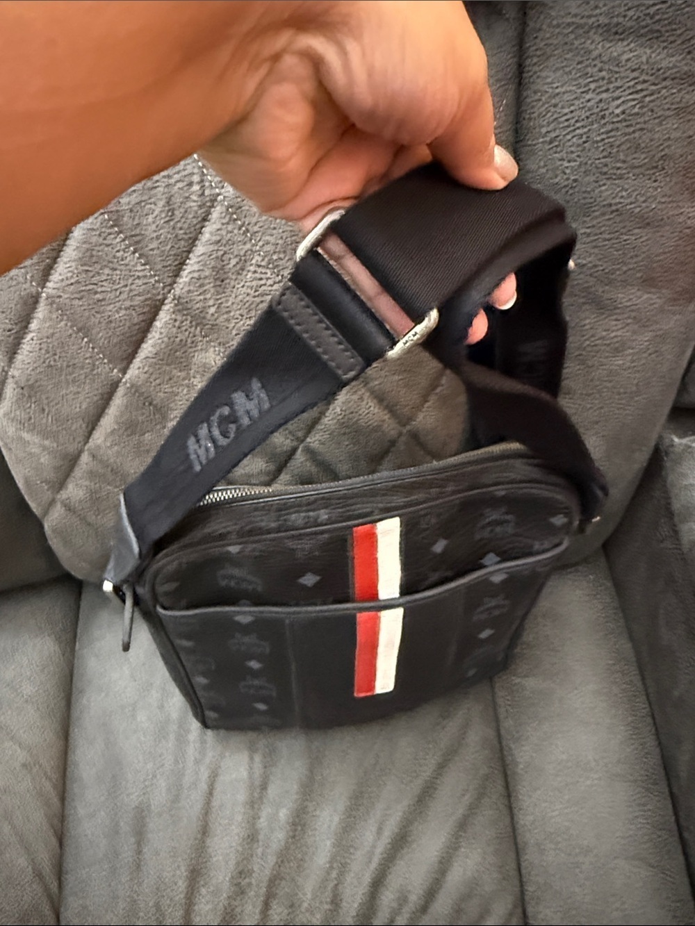MCM- Black Crossbody Messenger Bag with Red-White Stripe - Picture 2 of 6